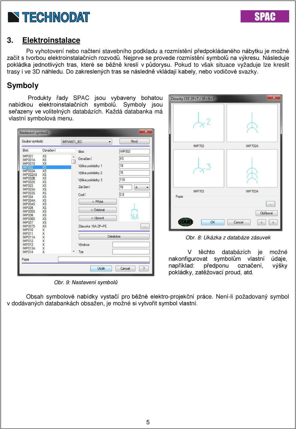 Do zakreslených tras se následně vkládají kabely, nebo vodičové svazky. Symboly Produkty řady SPAC jsou vybaveny bohatou nabídkou elektroinstalačních symbolů.