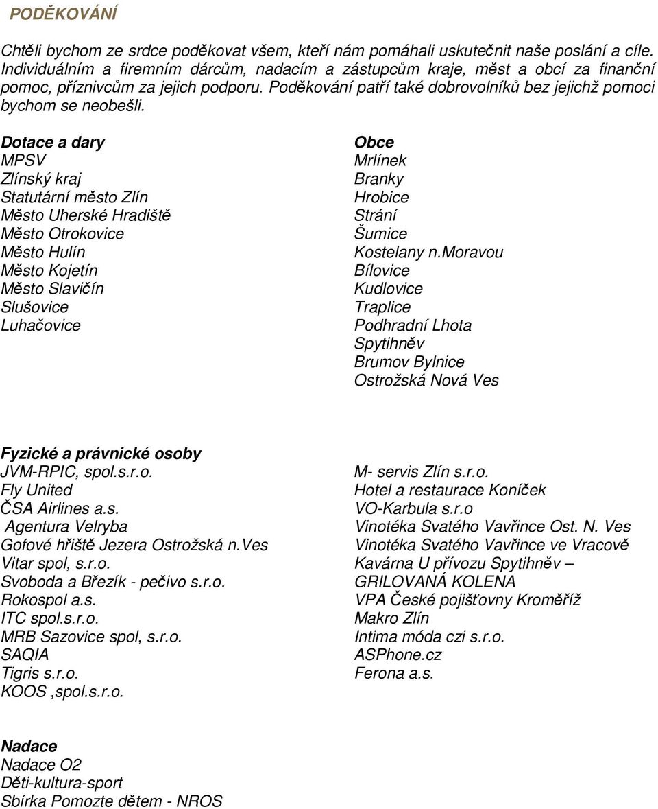 Dotace a dary MPSV Zlínský kraj Statutární město Zlín Město Uherské Hradiště Město Otrokovice Město Hulín Město Kojetín Město Slavičín Slušovice Luhačovice Obce Mrlínek Branky Hrobice Strání Šumice