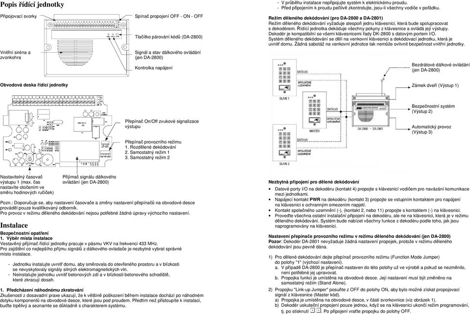 Režim děleného dekódování (pro DA-2800 a DA-2801) Režim děleného dekódování vyžaduje alespoň jednu klávesnici, která bude spolupracovat s dekodérem.