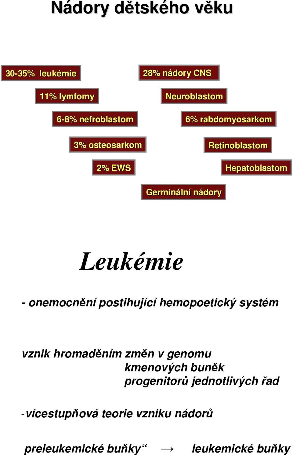 nádory Leukémie - onemocnění postihující hemopoetický systém vznik hromaděním změn v genomu