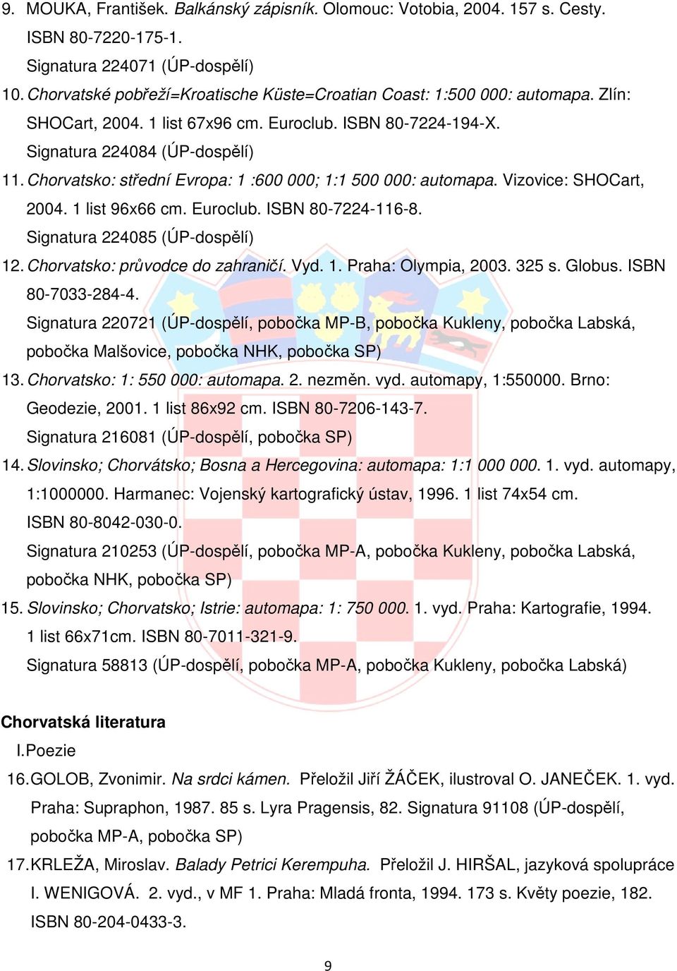 Chorvatsko: střední Evropa: 1 :600 000; 1:1 500 000: automapa. Vizovice: SHOCart, 2004. 1 list 96x66 cm. Euroclub. ISBN 80-7224-116-8. Signatura 224085 (ÚP-dospělí) 12.