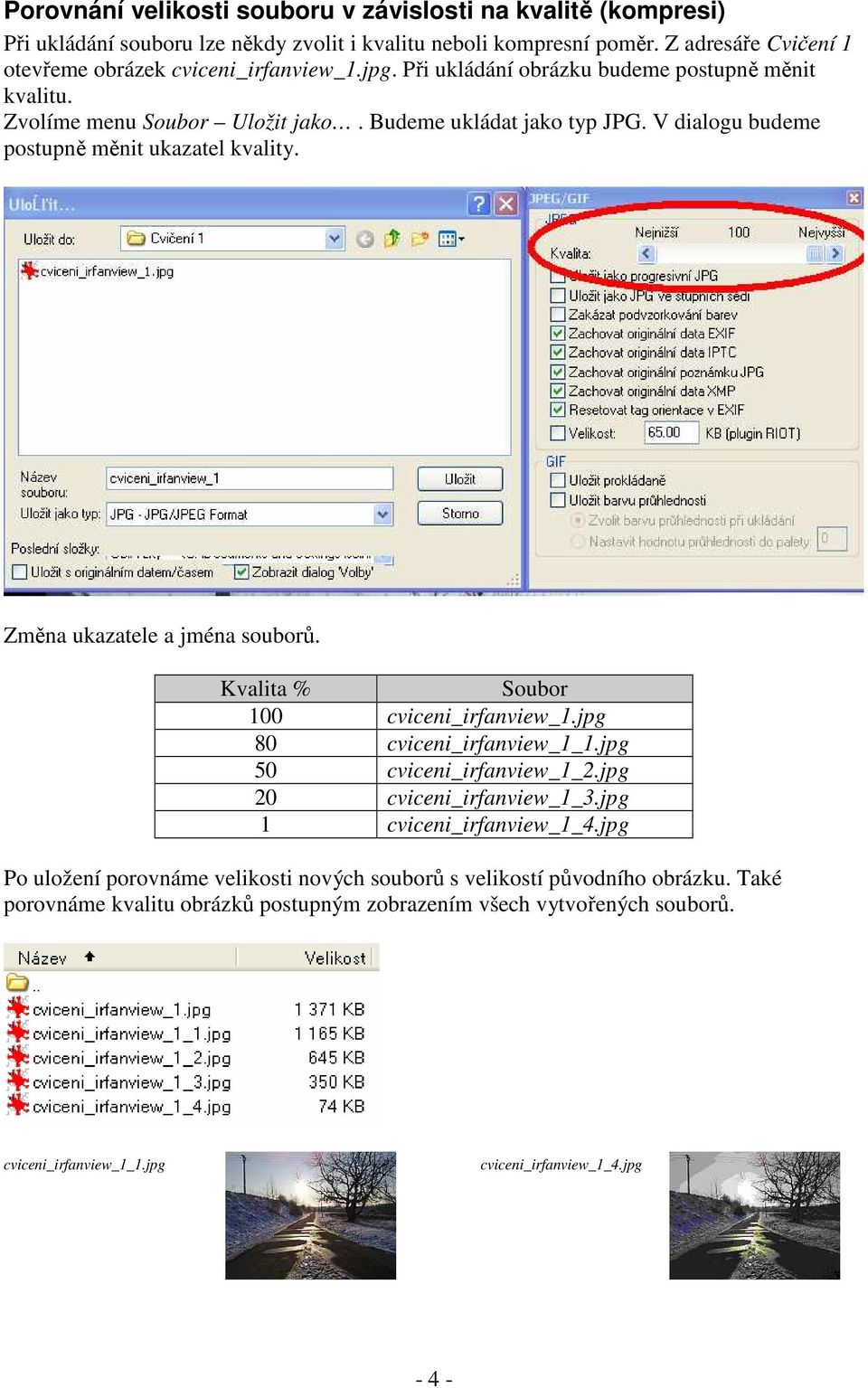 V dialogu budeme postupně měnit ukazatel kvality. Změna ukazatele a jména souborů. Kvalita % Soubor 100 cviceni_irfanview_1.jpg 80 cviceni_irfanview_1_1.jpg 50 cviceni_irfanview_1_2.