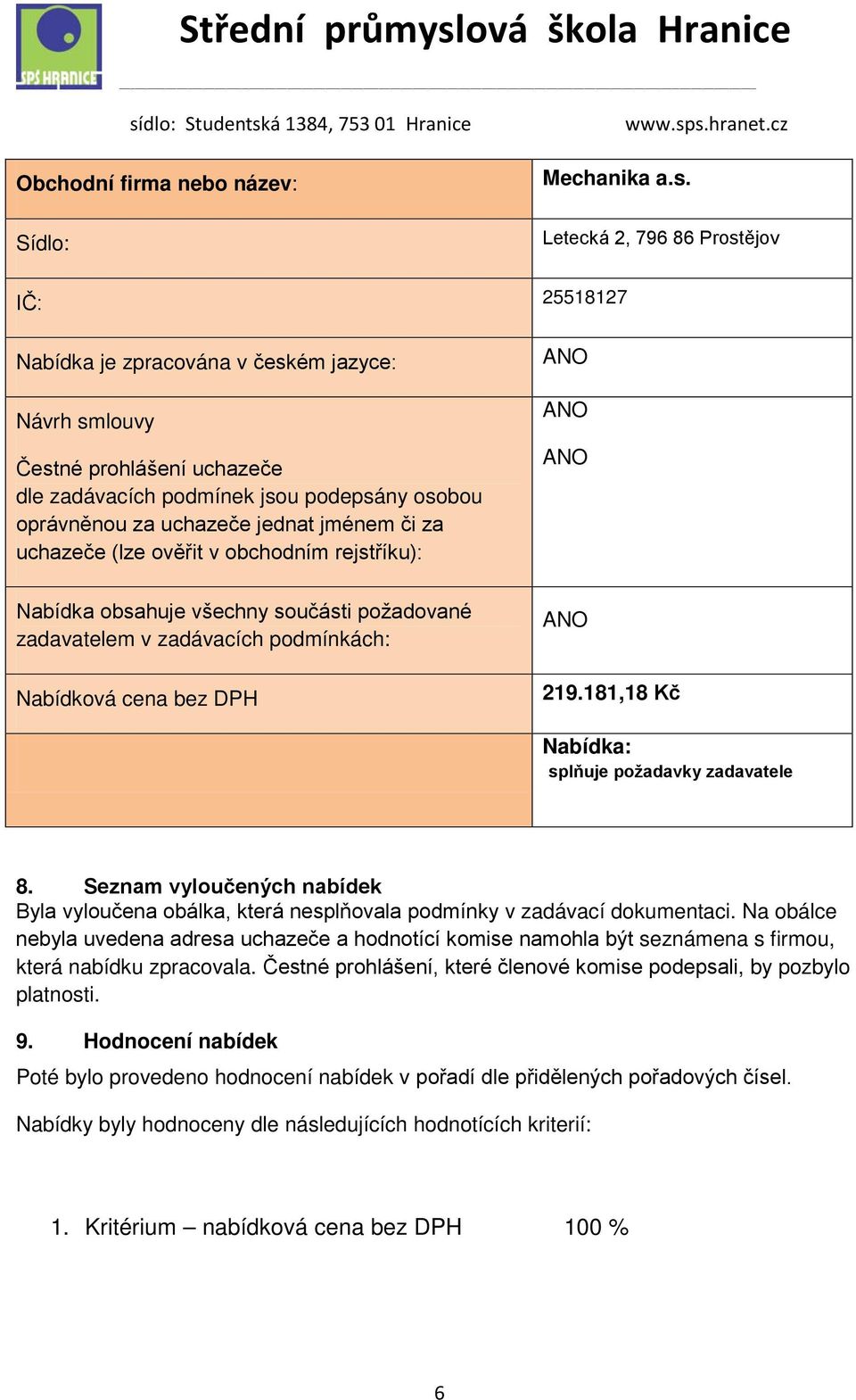 Na obálce nebyla uvedena adresa uchazeče a hodnotící komise namohla být seznámena s firmou, která nabídku zpracovala.