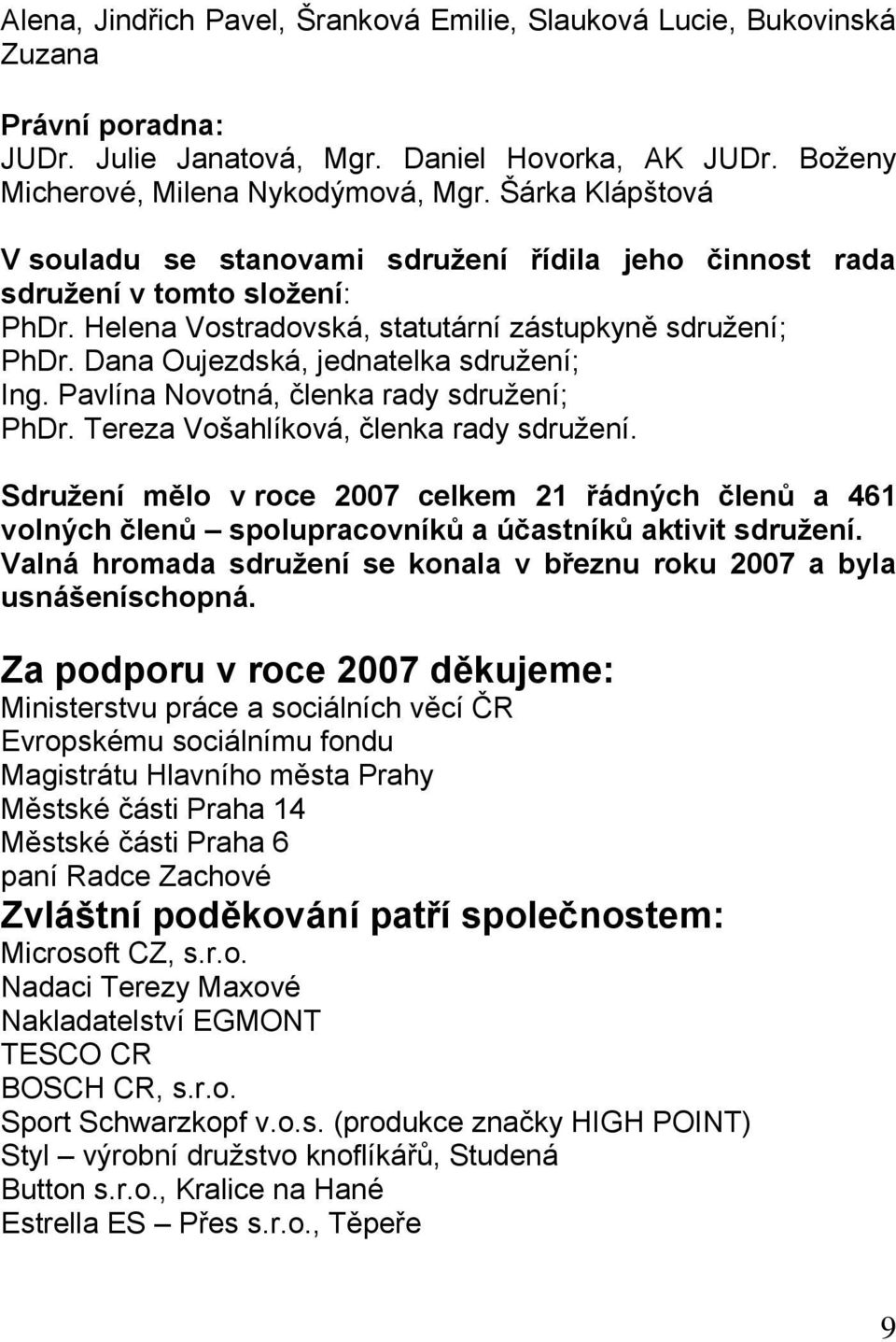 Dana Oujezdská, jednatelka sdruţení; Ing. Pavlína Novotná, členka rady sdruţení; PhDr. Tereza Vošahlíková, členka rady sdruţení.