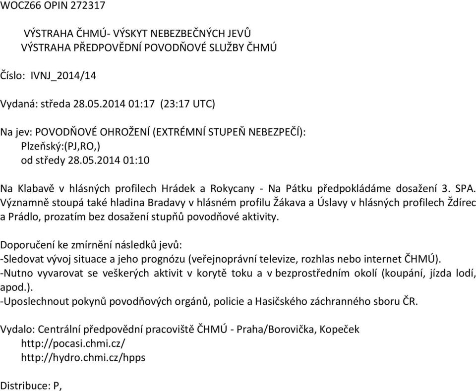 2014 01:10 Na Klabavě v hlásných profilech Hrádek a Rokycany - Na Pátku předpokládáme dosažení 3. SPA.