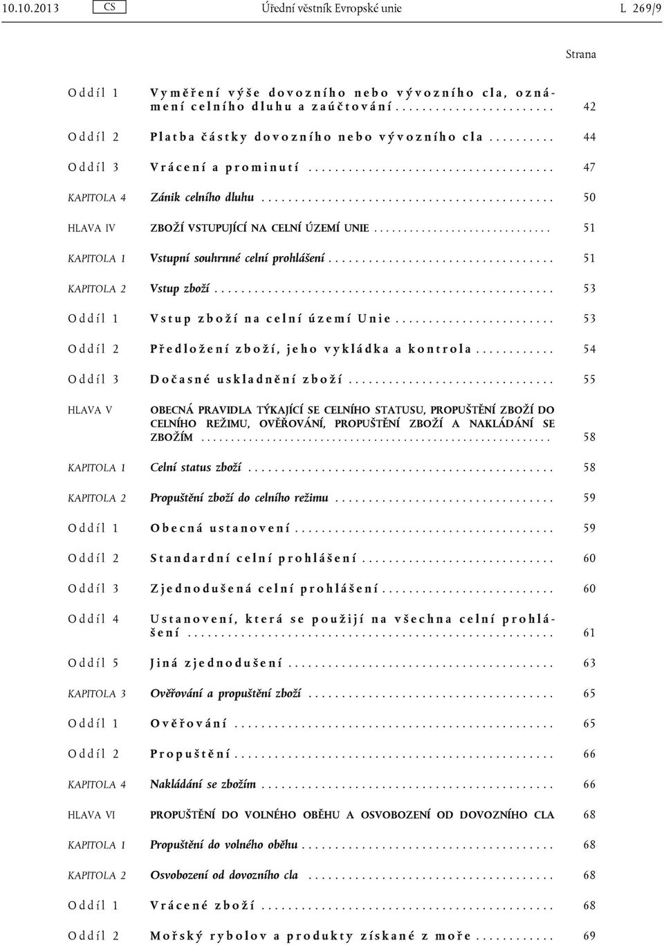 .................................... 47 KAPITOLA 4 Zánik celního dluhu............................................ 50 HLAVA IV ZBOŽÍ VSTUPUJÍCÍ NA CELNÍ ÚZEMÍ UNIE.