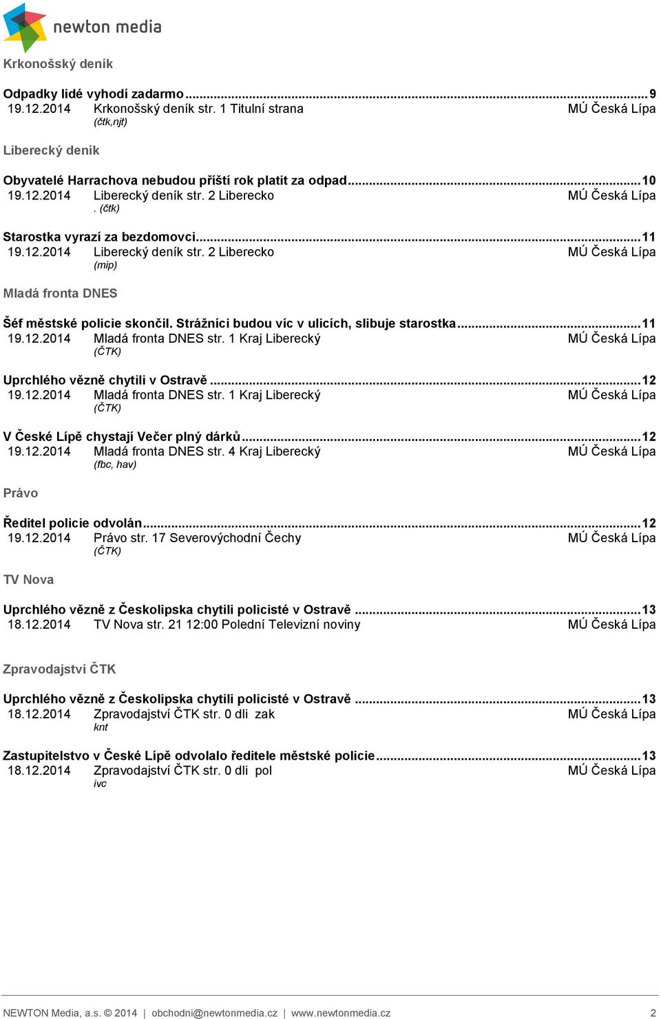 Strážníci budou víc v ulicích, slibuje starostka... 11 19.12.2014 Mladá fronta DNES str. 1 Kraj Liberecký (ČTK) Uprchlého vězně chytili v Ostravě... 12 19.12.2014 Mladá fronta DNES str. 1 Kraj Liberecký (ČTK) V České Lípě chystají Večer plný dárků.