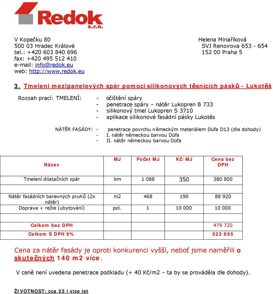 silikonové fasádní pásky Lukotěs NÁTĚR FASÁDY: - penetrace povrchu německým materiálem Düfa D13 (dle dohody) - I. nátěr německou barvou Düfa - II.