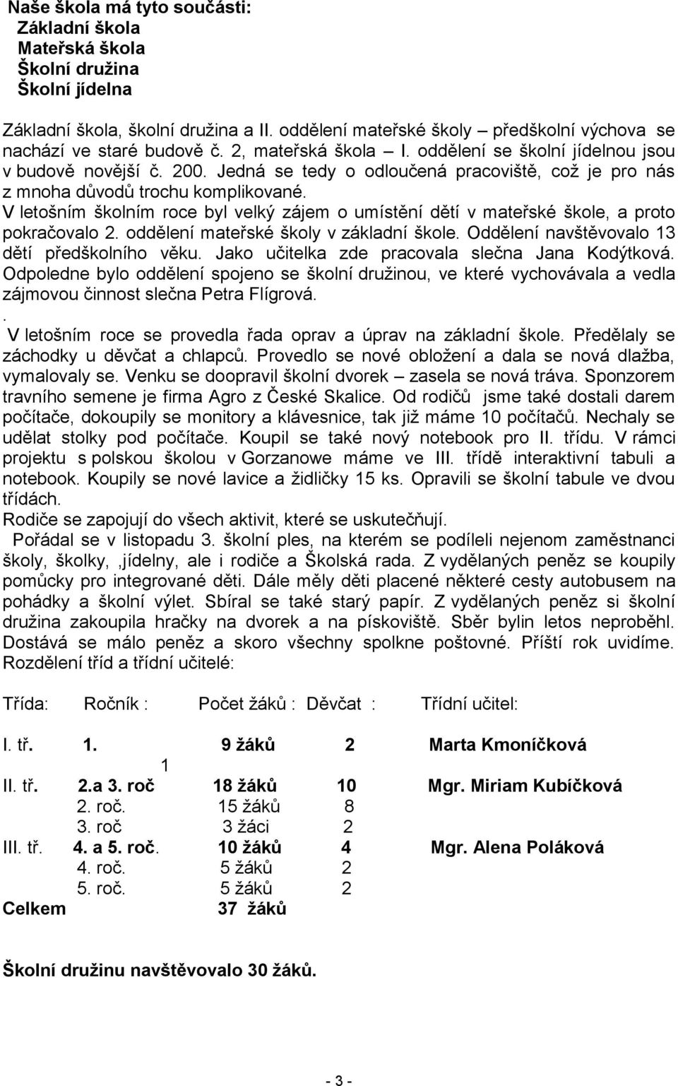 V letošním školním roce byl velký zájem o umístění dětí v mateřské škole, a proto pokračovalo 2. oddělení mateřské školy v základní škole. Oddělení navštěvovalo 13 dětí předškolního věku.