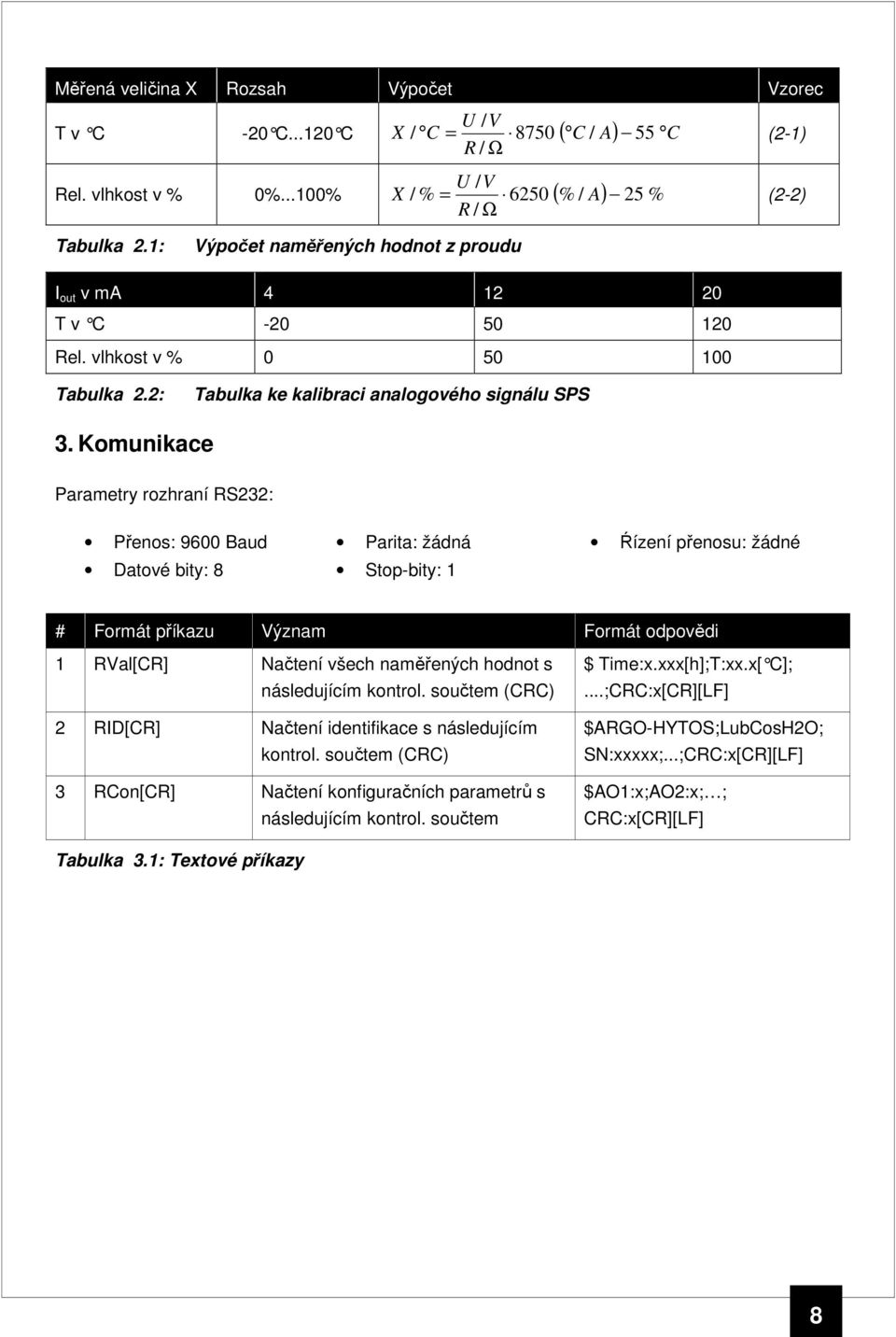 Komunikace Parametry rozhraní RS232: Přenos: 9600 Baud Datové bity: 8 Parita: žádná Stop-bity: 1 Ŕízení přenosu: žádné # Formát příkazu Význam Formát odpovědi 1 RVal[CR] Načtení všech naměřených