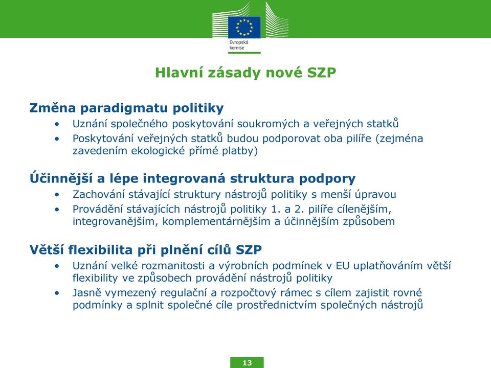 pilíře cílenějším, integrovanějším, komplementárnějším a účinnějším způsobem Větší flexibilita při plnění cílů SZP Uznání velké rozmanitosti a výrobních podmínek v EU uplatňováním větší