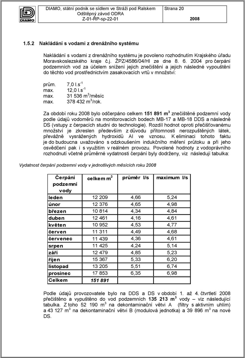 12,0 l.s -1 max. 31 536 m 3 /měsíc max. 378 432 m 3 /rok.