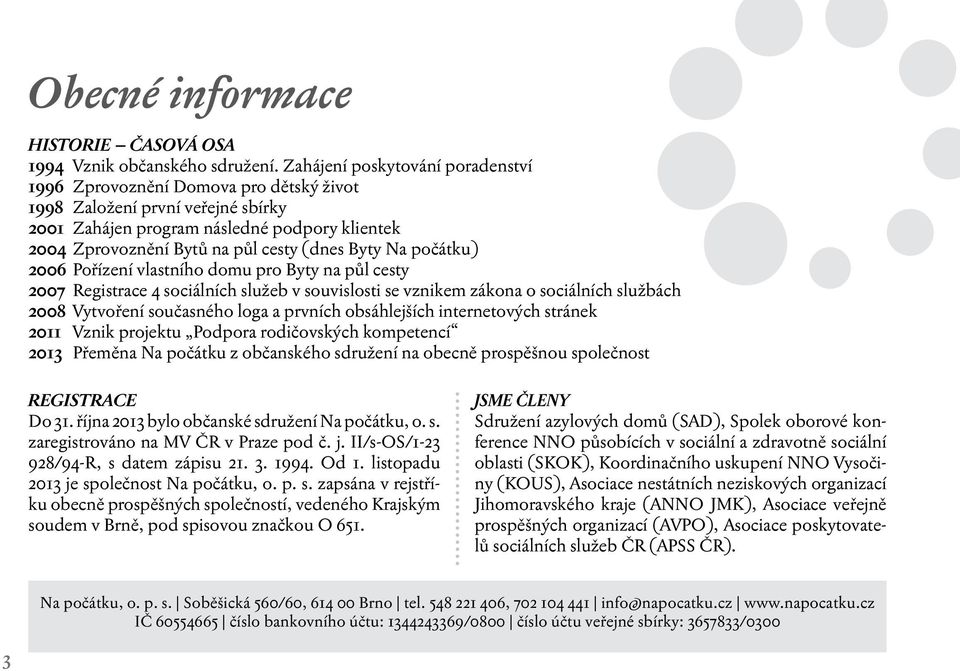 Byty Na počátku) 2006 Pořízení vlastního domu pro Byty na půl cesty 2007 Registrace 4 sociálních služeb v souvislosti se vznikem zákona o sociálních službách 2008 Vytvoření současného loga a prvních