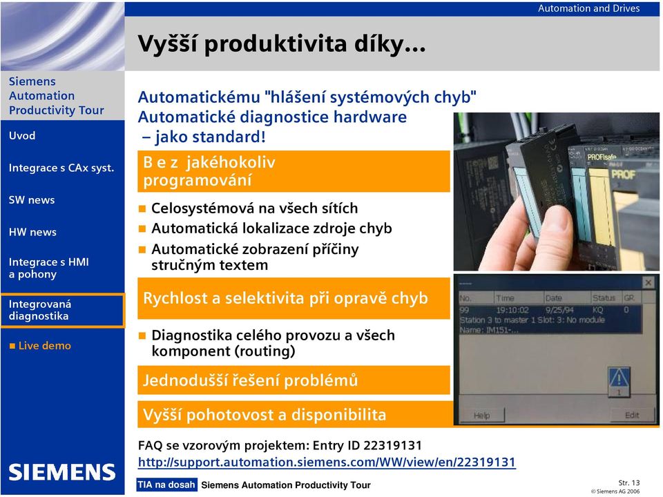 textem Rychlost a selektivita při opravě chyb Diagnostika celého provozu a všech komponent (routing) Jednodušší řešení problémů Vyšší