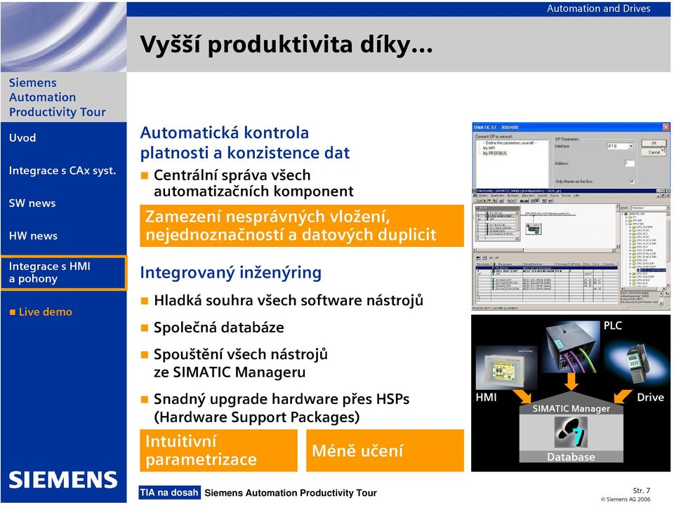 Live demo Hladká souhra všech software nástrojů Společná databáze PLC Spouštění všech nástrojů ze SIMATIC Manageru