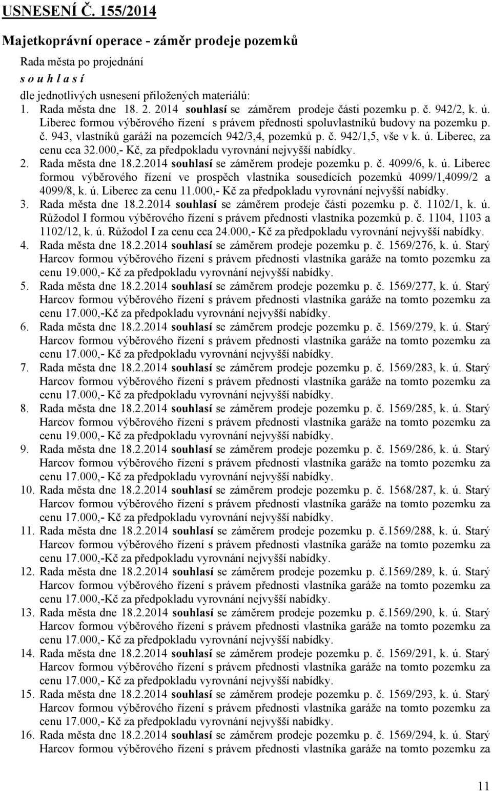 000,- Kč, za předpokladu vyrovnání nejvyšší nabídky. 2. Rada města dne 18.2.2014 se záměrem prodeje pozemku p. č. 4099/6, k. ú.