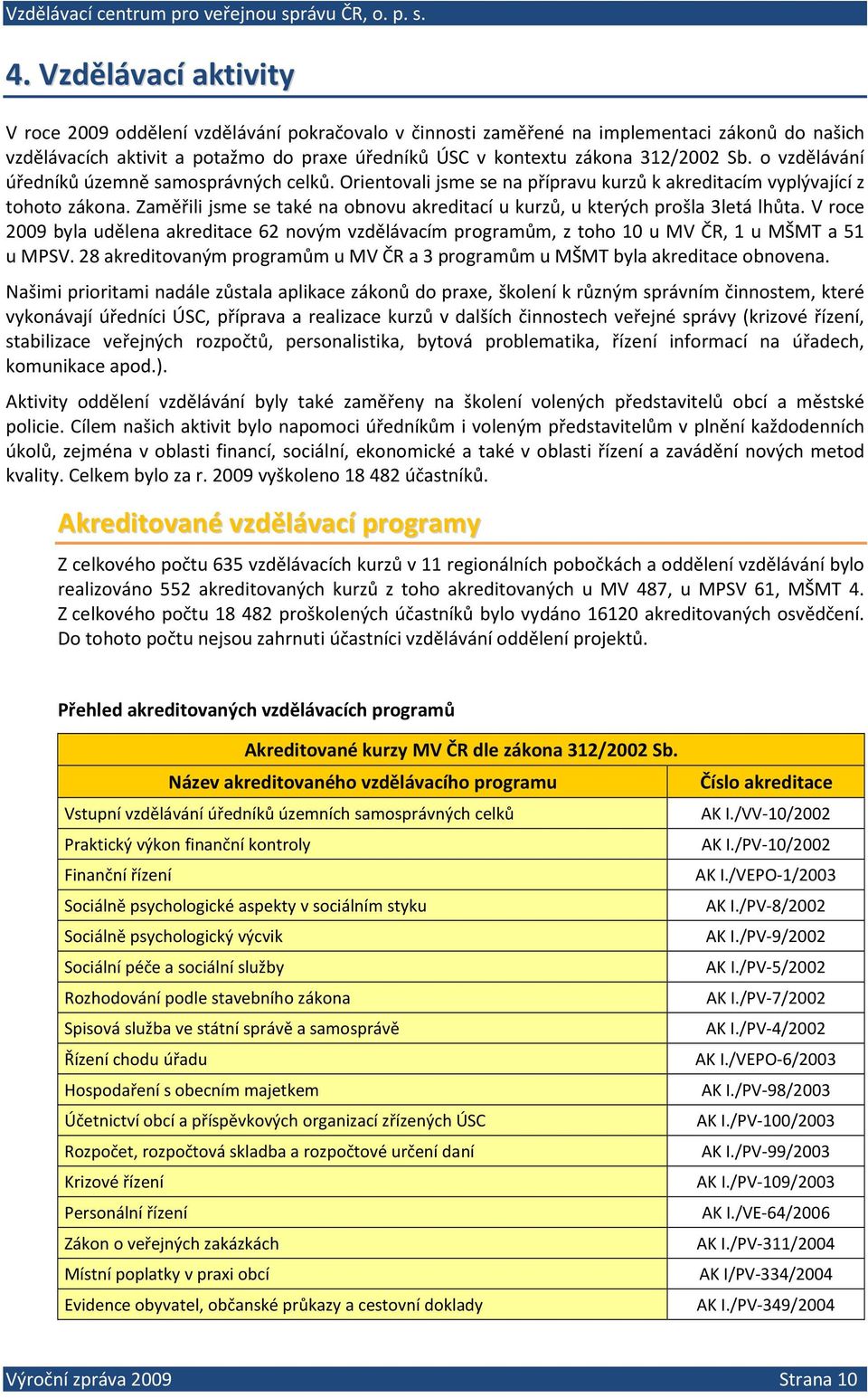 Zaměřili jsme se také na obnovu akreditací u kurzů, u kterých prošla 3letá lhůta. V roce 2009 byla udělena akreditace 62 novým vzdělávacím programům, z toho 10 u MV ČR, 1 u MŠMT a 51 u MPSV.