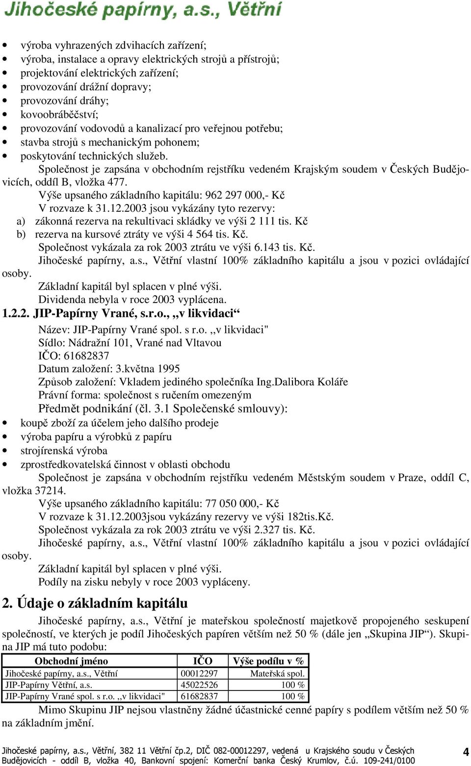 Společnost je zapsána v obchodním rejstříku vedeném Krajským soudem v Českých Budějovicích, oddíl B, vložka 477. Výše upsaného základního kapitálu: 962 297 000,- Kč V rozvaze k 31.12.