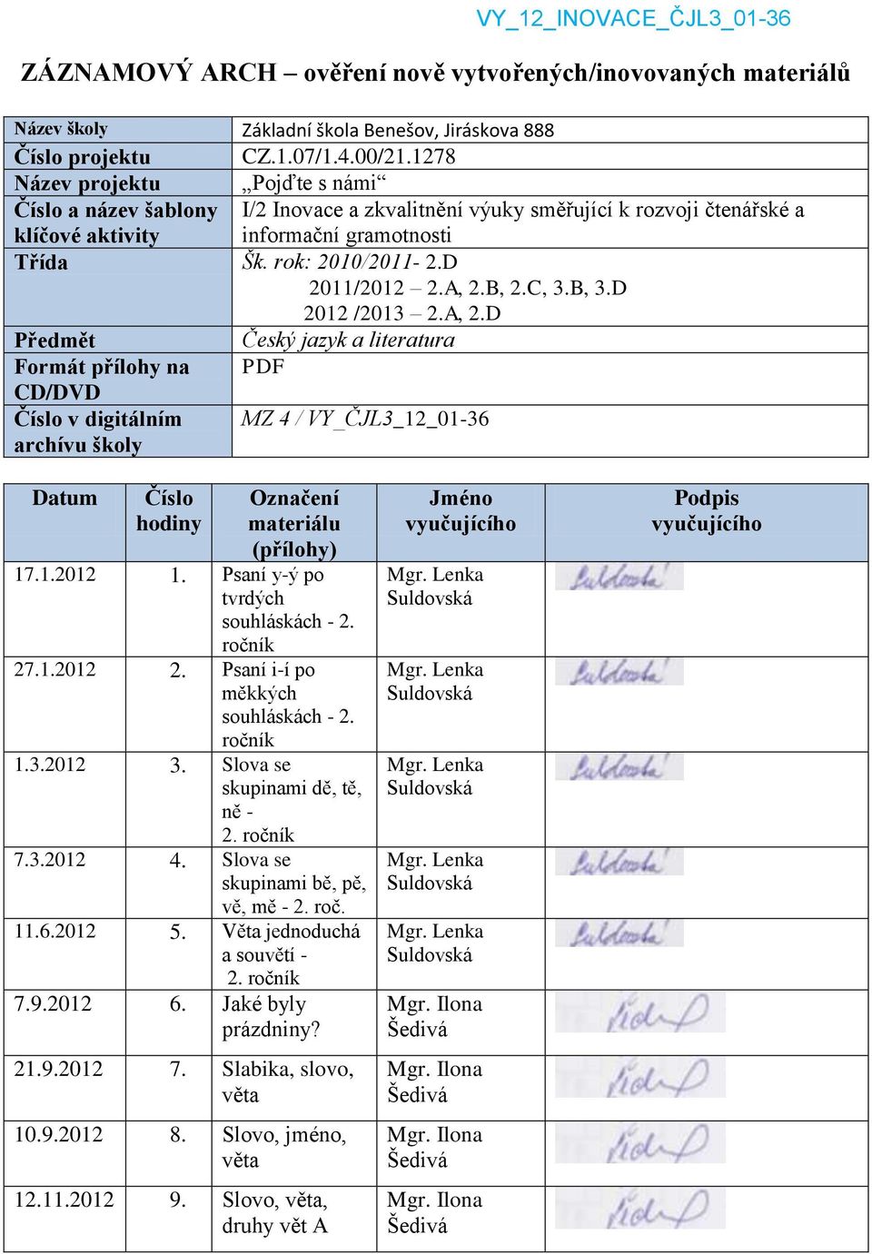 D 2011/2012 2.A, 2.B, 2.C, 3.B, 3.D 2012 /2013 2.A, 2.D Předmět Český jazyk a literatura Formát přílohy na PDF CD/DVD Číslo v digitálním MZ 4 / VY_ČJL3_12_01-36 archívu školy Datum Číslo hodiny Označení materiálu (přílohy) 17.