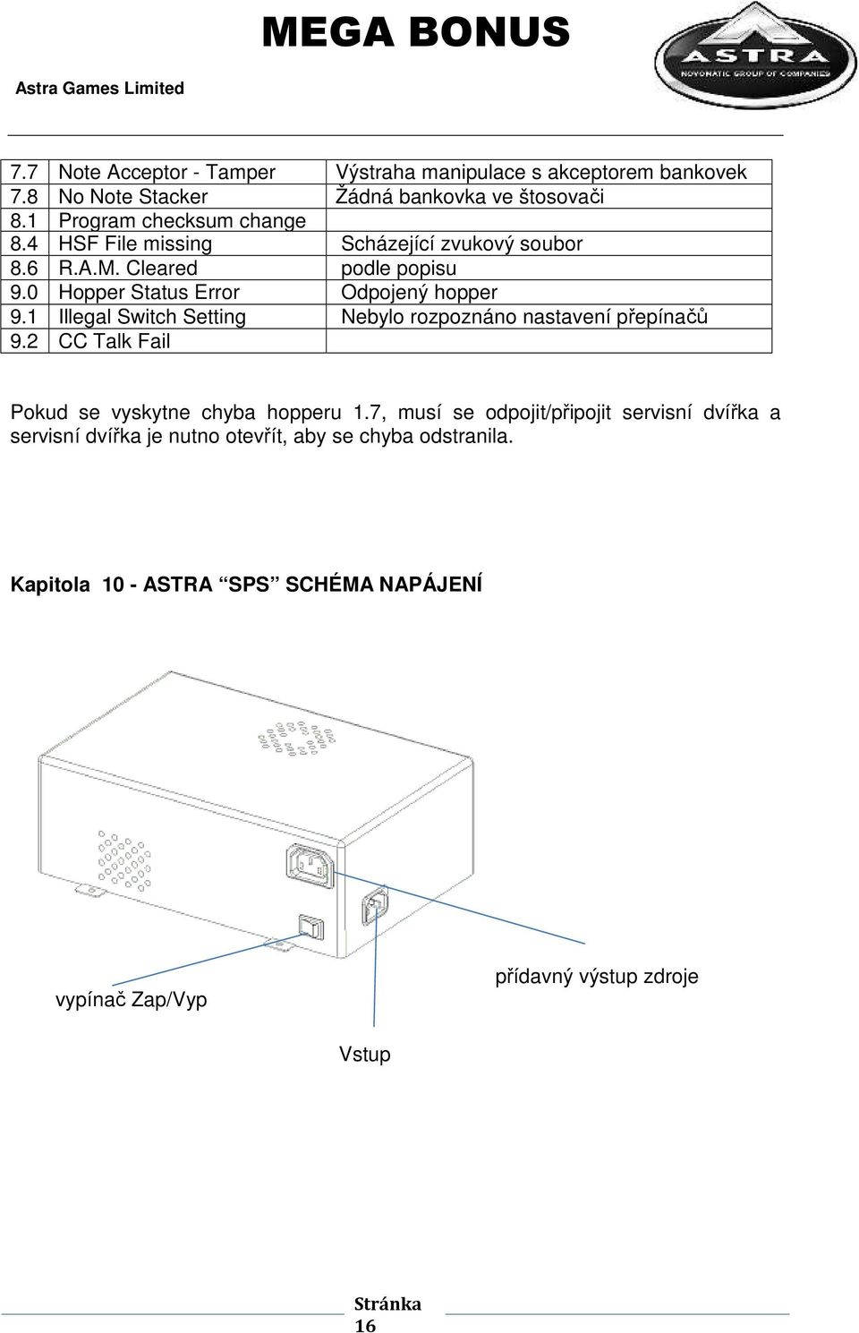 0 Hopper Status Error Odpojený hopper 9.1 Illegal Switch Setting Nebylo rozpoznáno nastavení přepínačů 9.