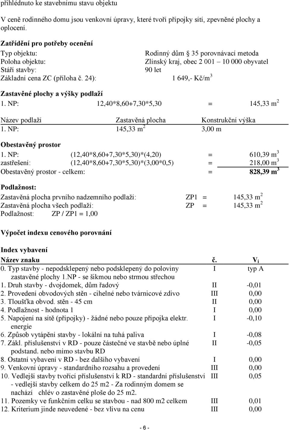 24): 1 649,- Kč/m 3 Zastavěné plochy a výšky podlaží 1. NP: 12,40*8,60+7,30*5,30 = 145,33 m 2 Název podlaží Zastavěná plocha Konstrukční výška 1. NP: 145,33 m 2 3,00 m Obestavěný prostor 1.