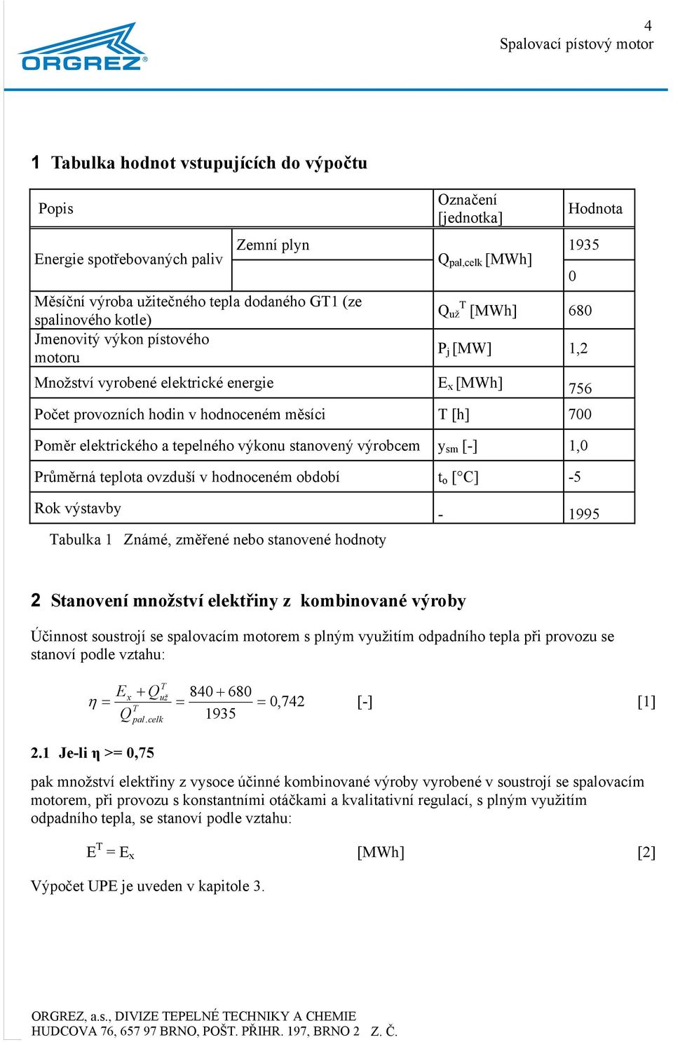 výkonu stanovený výrobcem y sm [-] 1,0 Průměrná teplota ovzduší v hodnoceném období t o [ C] -5 Rok výstavby - 1995 abulka 1 Známé, změřené nebo stanovené hodnoty 2 Stanovení množství elektřiny z