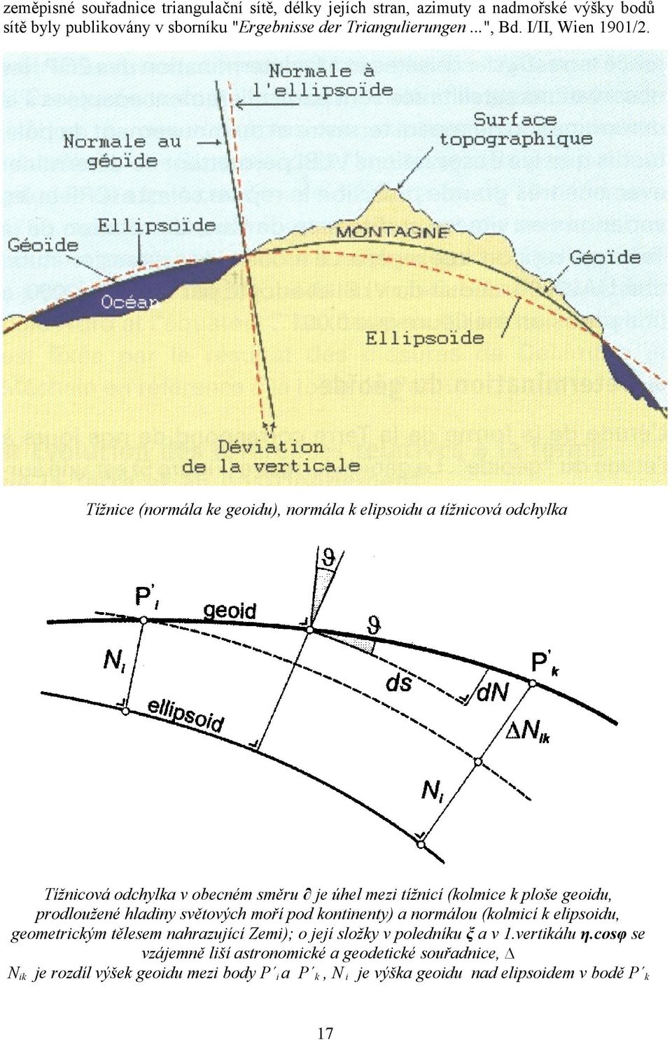 Tížnice (normála ke geoidu), normála k elipsoidu a tížnicová odchylka Tížnicová odchylka v obecném směru je úhel mezi tížnicí (kolmice k ploše geoidu, prodloužené