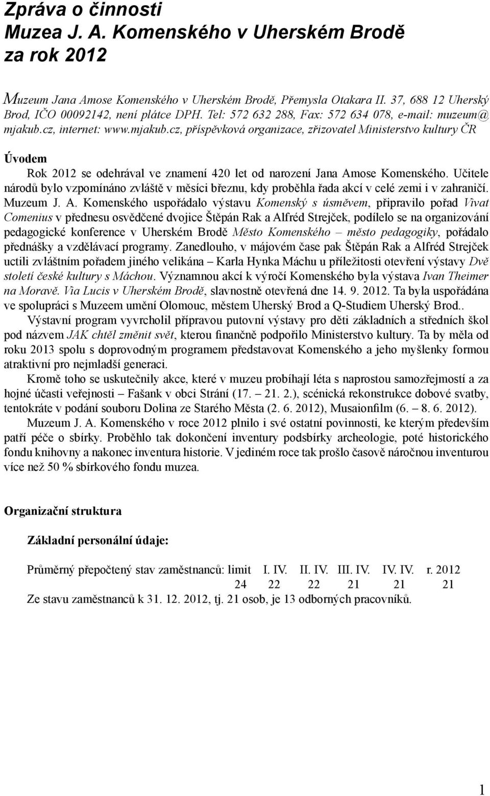 cz, internet: www.mjakub.cz, příspěvková organizace, zřizovatel Ministerstvo kultury ČR Úvodem Rok 2012 se odehrával ve znamení 420 let od narození Jana Amose Komenského.