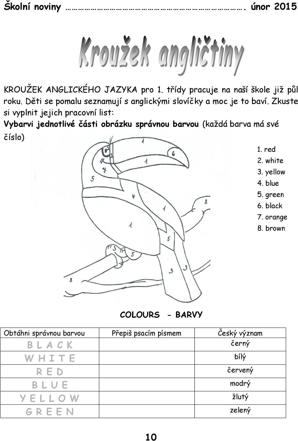 Zkuste si vyplnit jejich pracovní list: Vybarvi jednotlivé části obrázku správnou barvou (každá barva má své číslo) 1. red 2.