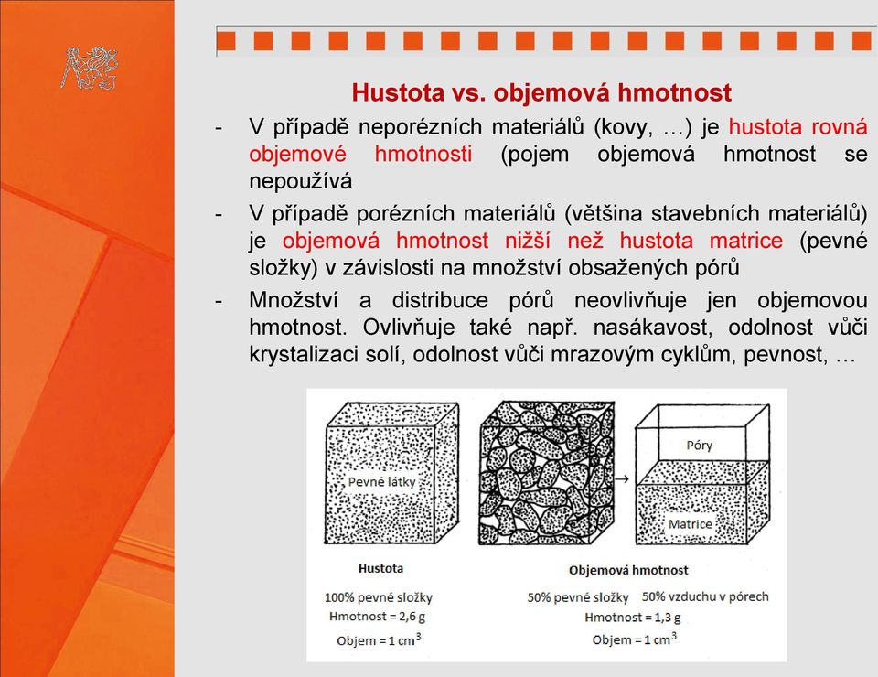 hmotnost se nepoužívá - V případě porézních materiálů (většina stavebních materiálů) je objemová hmotnost nižší než