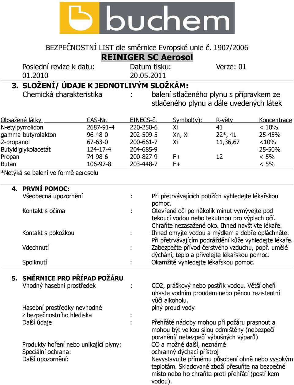 Butyldiglykolacetát 124-17-4 204-685-9 25-50% Propan 74-98-6 200-827-9 F+ 12 < 5% Butan 106-97-8 203-448-7 F+ < 5% *Netýká se balení ve formě aerosolu 4.