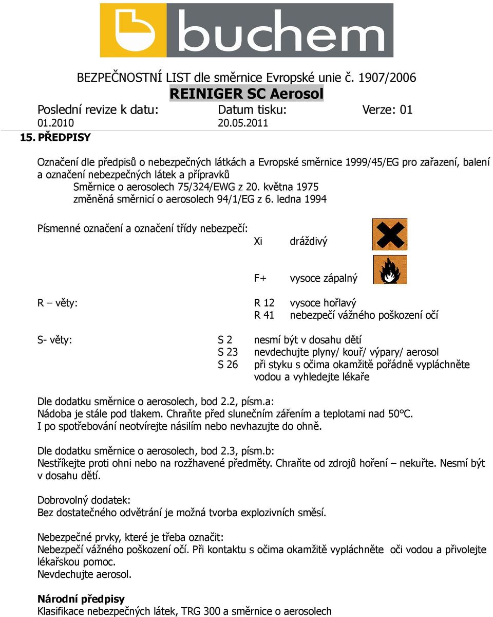 ledna 1994 Písmenné označení a označení třídy nebezpečí: Xi dráždivý F+ vysoce zápalný R věty: R 12 vysoce hořlavý R 41 nebezpečí vážného poškození očí S- věty: S 2 nesmí být v dosahu dětí S 23