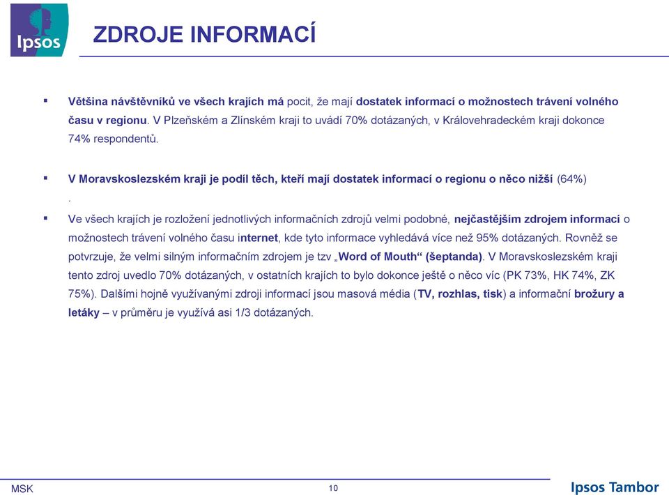 Ve všech krajích je rozložení jednotlivých informačních zdrojů velmi podobné, nejčastějším zdrojem informací o možnostech trávení volného času internet, kde tyto informace vyhledává více než 9%