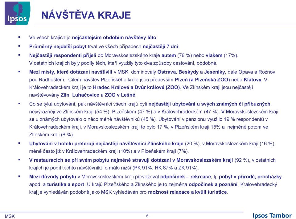 Mezi místy, které dotázaní navštívili v MSK, dominovaly Ostrava, Beskydy a Jeseníky, dále Opava a Rožnov pod Radhoštěm.