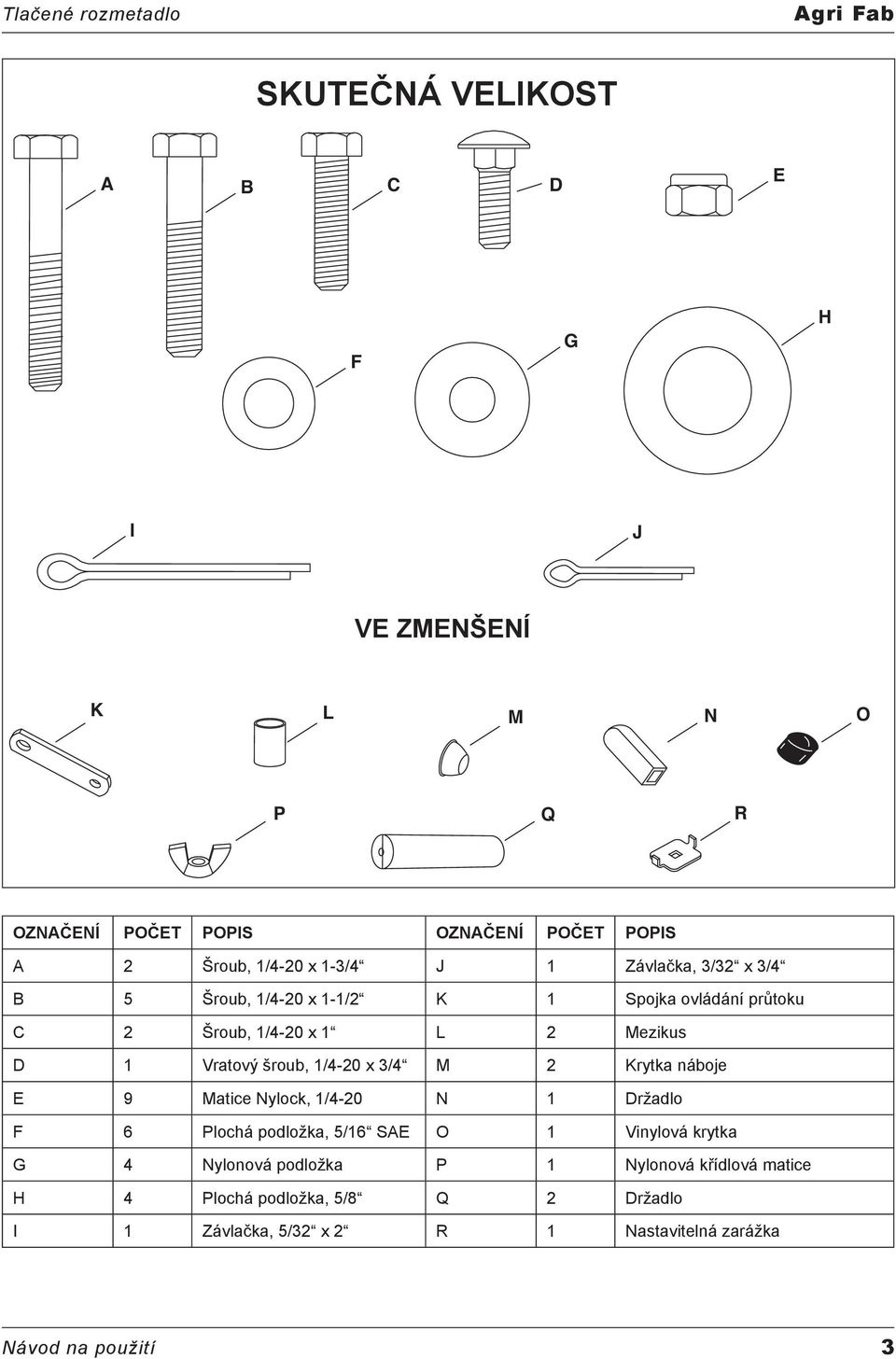Vratový šroub, 1/4-20 x 3/4 M 2 Krytka náboje E Matice Nylock, 1/4-20 N 1 Držadlo F 6 Plochá podložka, 5/16 SAE O 1 Vinylová krytka G 4