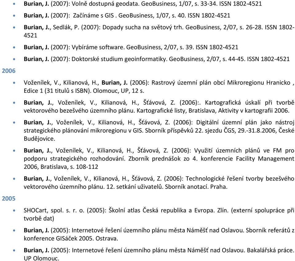 GeoBusiness, 2/07, s. 44-45. ISSN 1802-4521 Voženílek, V., Kilianová, H., Burian, J. (2006): Rastrový územní plán obcí Mikroregionu Hranicko, Edice 1 (31 titulů s ISBN). Olomouc, UP, 12 s. Burian, J., Voženílek, V.