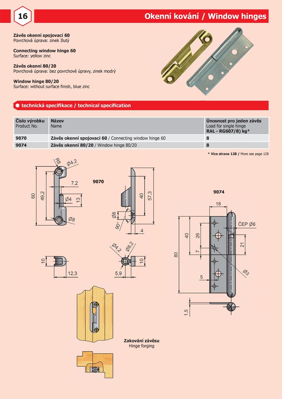 Surface: without surface finish, blue zinc 9070 Závěs okenní spojovací 60 / Connecting window hinge 60 8 9074