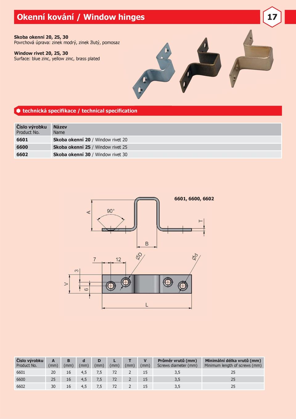 okenní 30 / Window rivet 30 6601, 6600, 6602 A (mm) B (mm) d (mm) D (mm) L (mm) T (mm) V (mm) Průměr vrutů (mm) Screws diameter (mm)