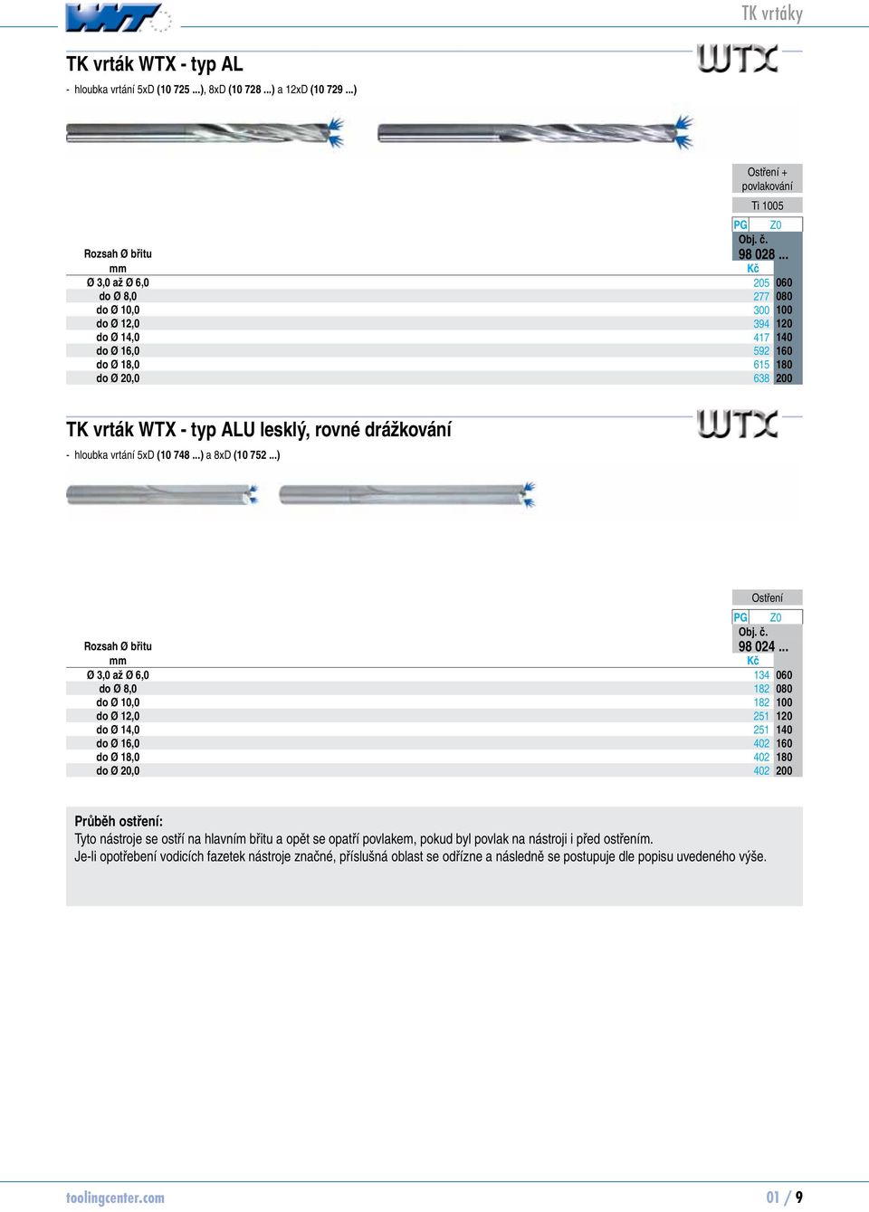 1005 TK vrták WTX - typ ALU lesklý, rovné drážkování hloubka vrtání 5xD (10 748...) a 8xD (10 752...) PG Z0 Obj. č. Rozsah Ø břitu 98 024.