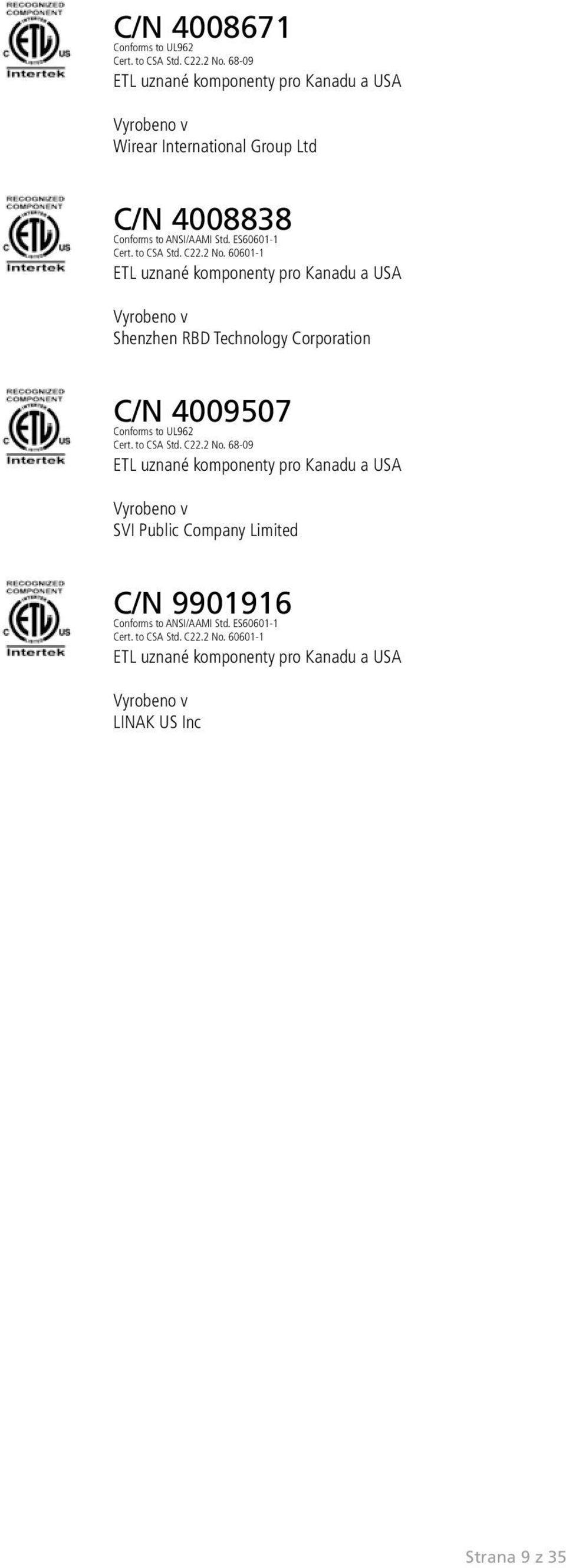 C22.2 No. 60601-1 ETL uznané komponenty pro Kanadu a USA Vyrobeno v Shenzhen RBD Technology Corporation C/N 4009507 Conforms to UL962 Cert. to CSA Std.