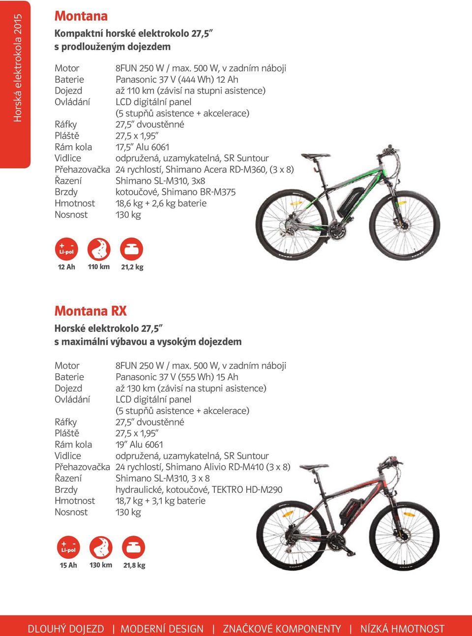 Montana RX Horské elektrokolo 27,5 s maximální výbavou a vysokým dojezdem Panasonic 37 V (555 Wh) 15 Ah až 130 km (závisí na stupni asistence) 27,5 dvoustěnné