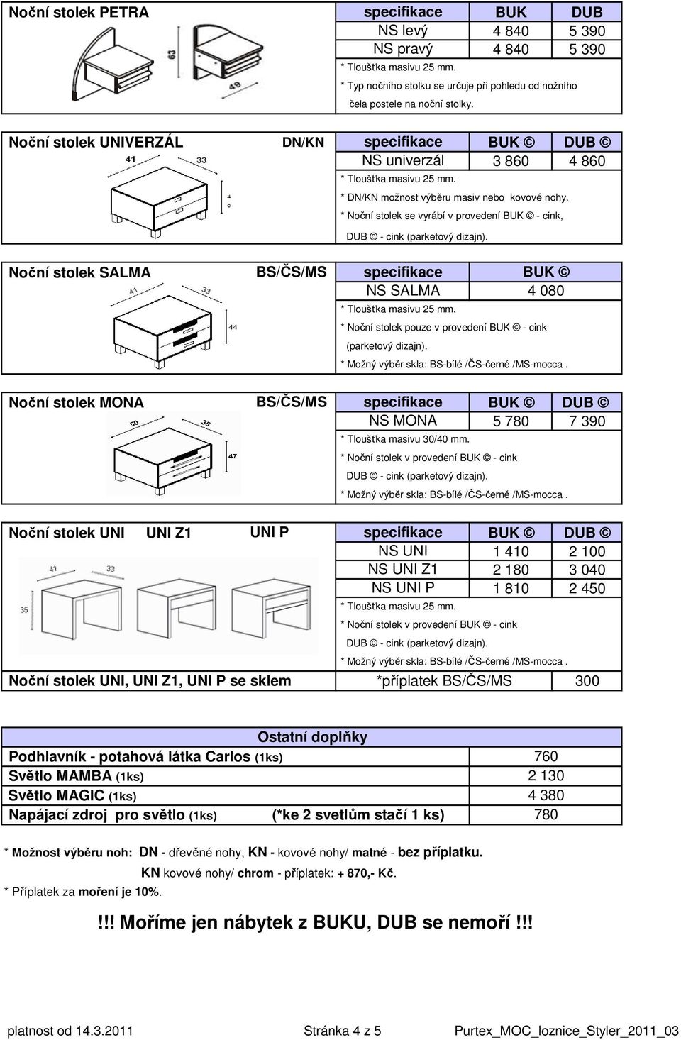 * Noční stolek se vyrábí v provedení BUK - cink, Noční stolek SALMA BS/ČS/MS specifikace BUK NS SALMA 4 080 * Noční stolek pouze v provedení BUK - cink (parketový dizajn).