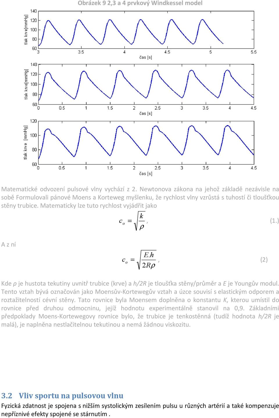 Matematicky lze tuto rychlost vyjádřit jako k c o =, (1.) ρ A z ní Eh. c o =, (2) 2Rρ Kde ρ je hustota tekutiny uvnitř trubice (krve) a h/2r je tloušťka stěny/průměr a E je Youngův modul.