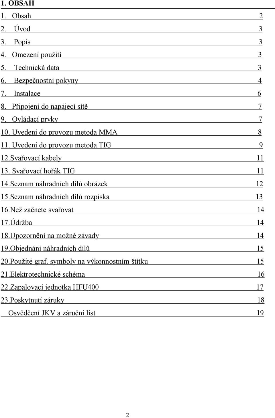 Seznam náhradních dílů obrázek 12 15.Seznam náhradních dílů rozpiska 13 16.Než začnete svařovat 14 17.Údržba 14 18.Upozornění na možné závady 14 19.