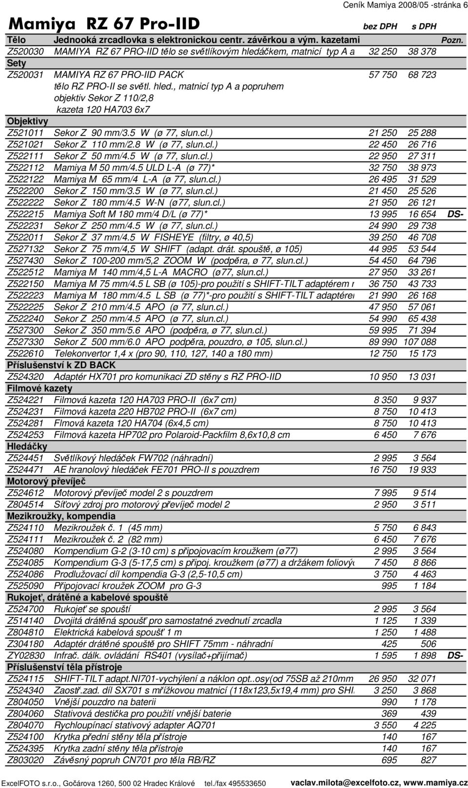 5 W (ø 77, slun.cl.) 21 250 25 288 Z521021 Sekor Z 110 mm/2.8 W (ø 77, slun.cl.) 22 450 26 716 Z522111 Sekor Z 50 mm/4.5 W (ø 77, slun.cl.) 22 950 27 311 Z522112 Mamiya M 50 mm/4.