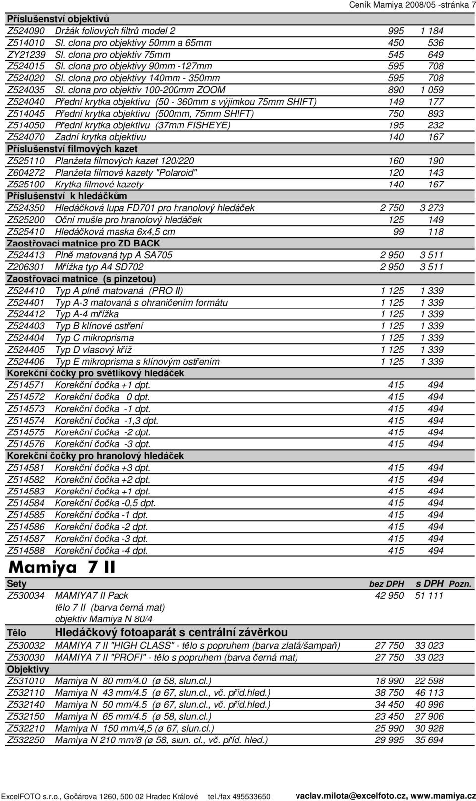 clona pro objektiv 100-200mm ZOOM 890 1 059 Z524040 Přední krytka objektivu (50-360mm s výjimkou 75mm SHIFT) 149 177 Z514045 Přední krytka objektivu (500mm, 75mm SHIFT) 750 893 Z514050 Přední krytka