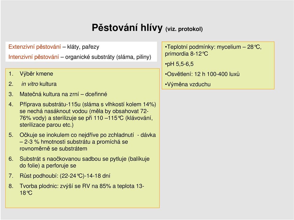 Příprava substrátu-115u (sláma s vlhkostí kolem 14%) se nechá nasáknout vodou (měla by obsahovat 72-76% vody) a sterilizuje se při 110 115 C (klávování, sterilizace parou etc.) 5.