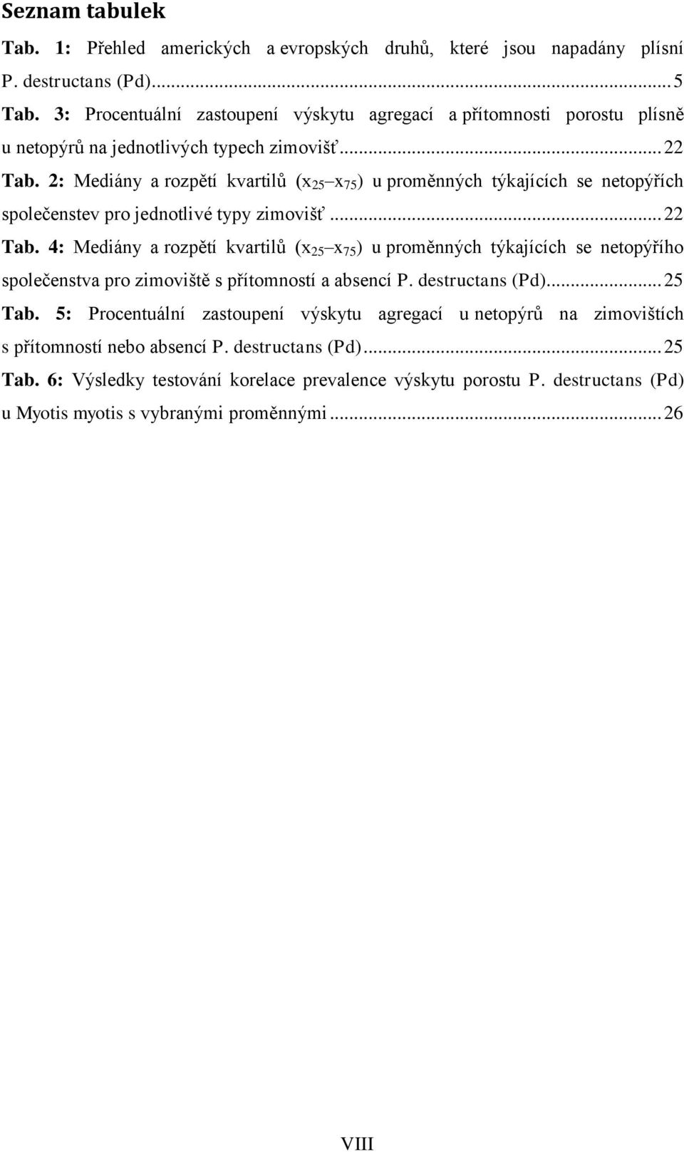 2: Mediány a rozpětí kvartilů (x 25 x 75 ) u proměnných týkajících se netopýřích společenstev pro jednotlivé typy zimovišť... 22 Tab.