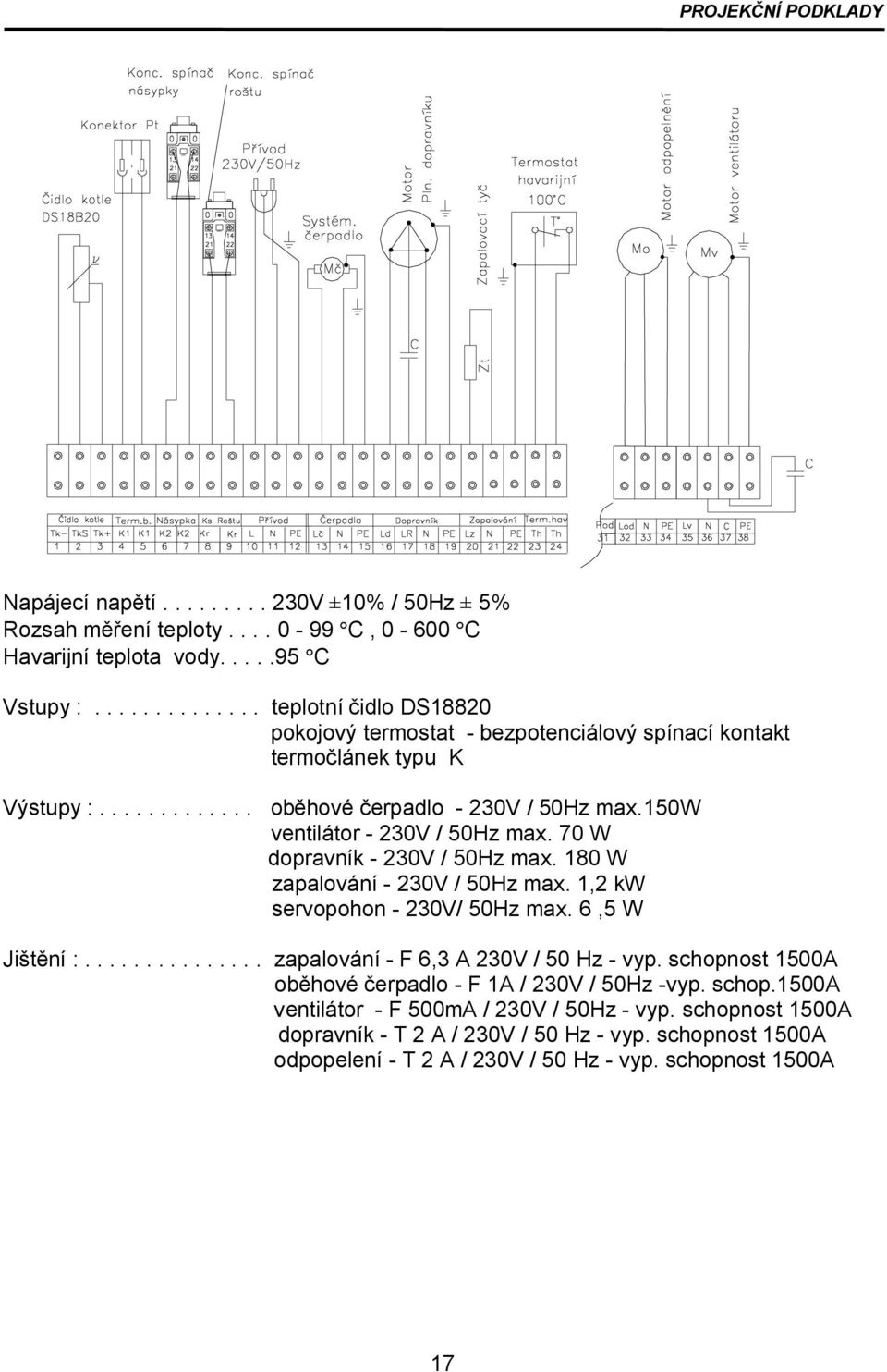 150w ventilátor - 230V / 50Hz max. 70 W dopravník - 230V / 50Hz max. 180 W zapalování - 230V / 50Hz max. 1,2 kw servopohon - 230V/ 50Hz max. 6,5 W Jištění :.