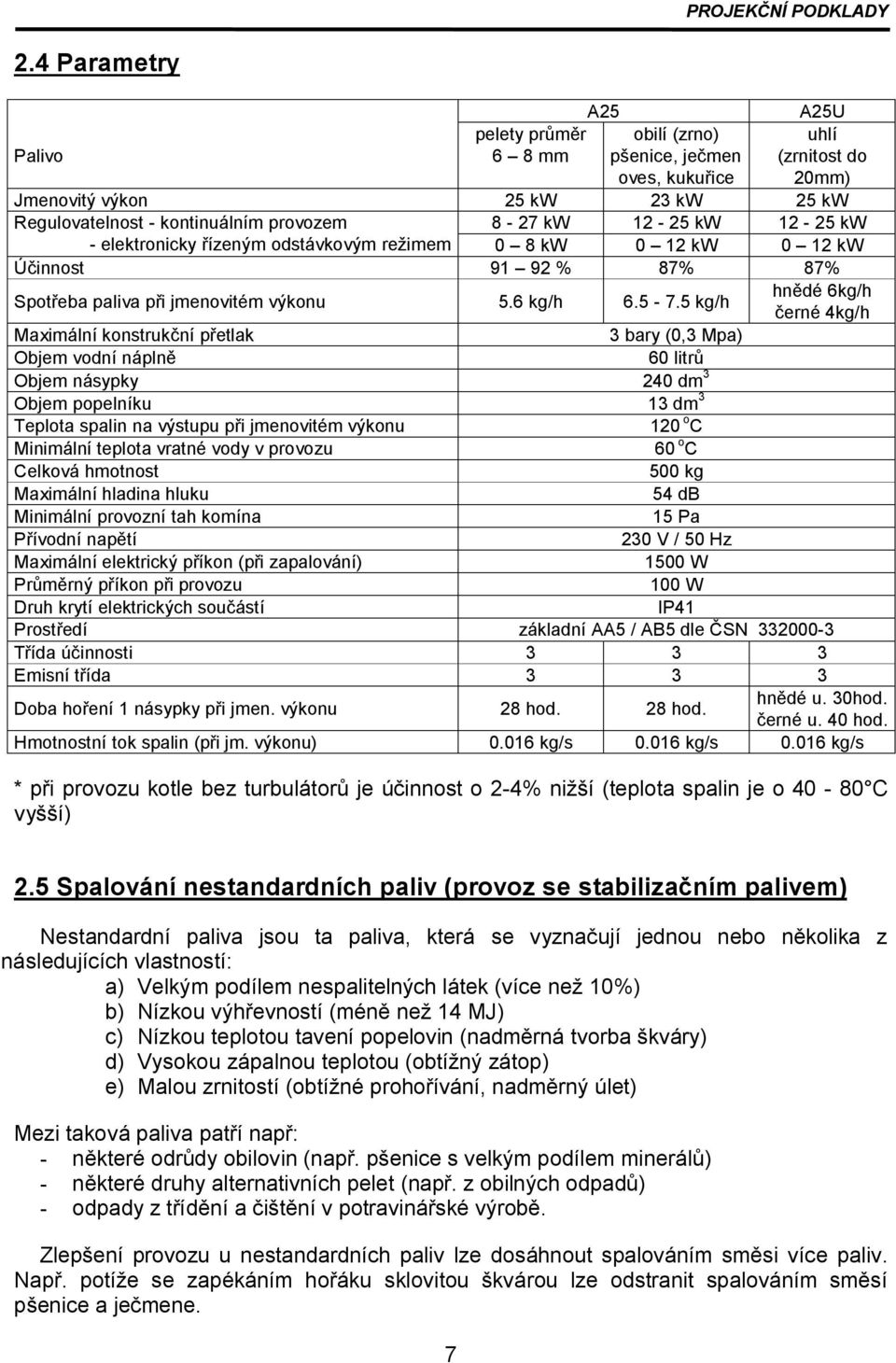 5 kg/h hnědé 6kg/h černé 4kg/h Maximální konstrukční přetlak 3 bary (0,3 Mpa) Objem vodní náplně 60 litrů Objem násypky 240 dm 3 Objem popelníku 13 dm 3 Teplota spalin na výstupu při jmenovitém